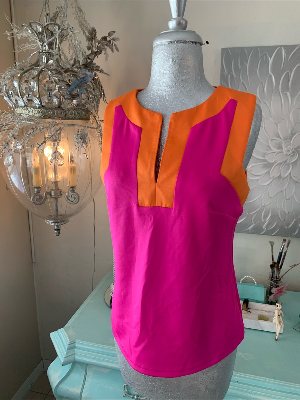 Gretchen, Scott, orange and pink tank top with built-in bra. Size small.
